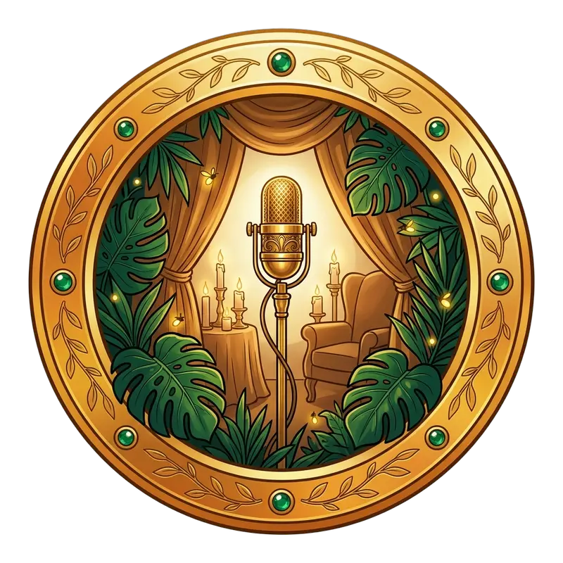 Médaillon doré : un micro de podcast serti d'émeraudes dans une jungle dorée — top podcasts sexo
