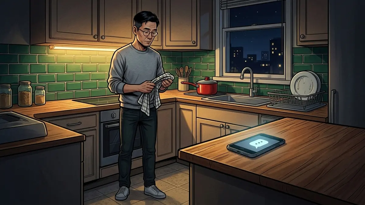 Illustration : un homme seul dans sa cuisine la nuit, torchon en mains, regarde à distance son téléphone posé sur le plan de travail, l'écran n'affichant qu'une bulle de message à trois points, casserole rouge près de l'évier
