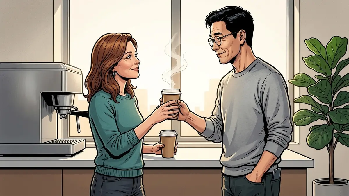 Illustration : au coin café d'un bureau le matin, une femme tend un gobelet à un homme dont les doigts se referment près des siens, regards complices, son téléphone oublié dans sa poche