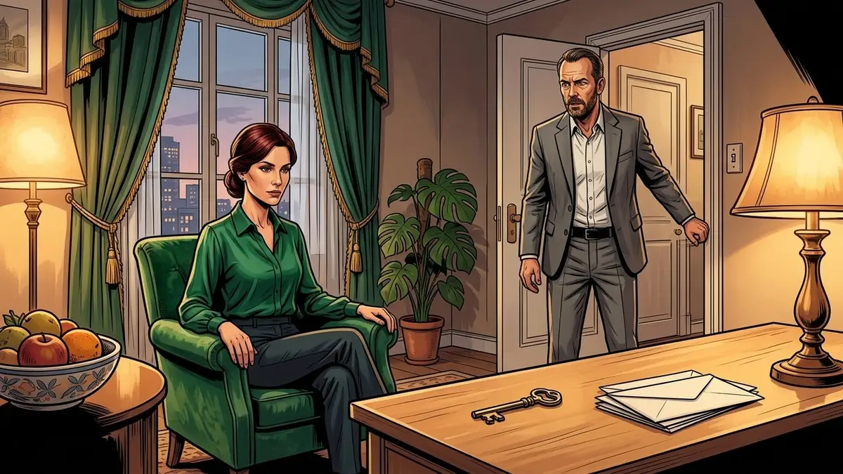 Illustration : une femme assise dans un fauteuil de velours vert observe depuis le salon son compagnon figé dans l'entrée, les yeux sur une petite clé posée à plat sur le buffet
