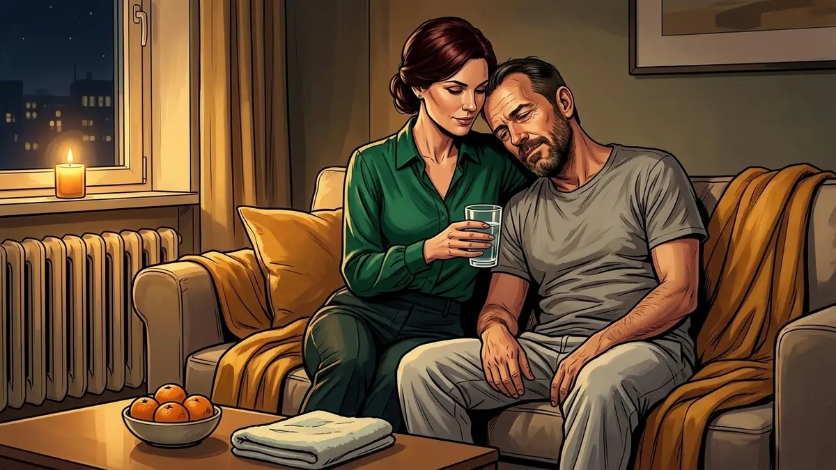 Illustration : un couple sous un plaid sur un canapé, la femme tend un verre d'eau à son compagnon apaisé, une coupelle de clémentines posée sur la table basse