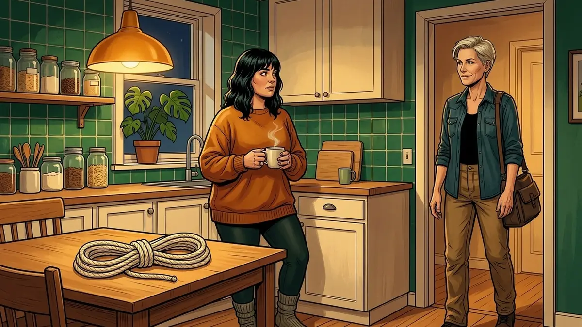 Illustration : dans une cuisine au carrelage émeraude, une corde de coton lovée en huit sur la table ; une femme au mug la regarde tandis que sa compagne rentre, sac à l'épaule